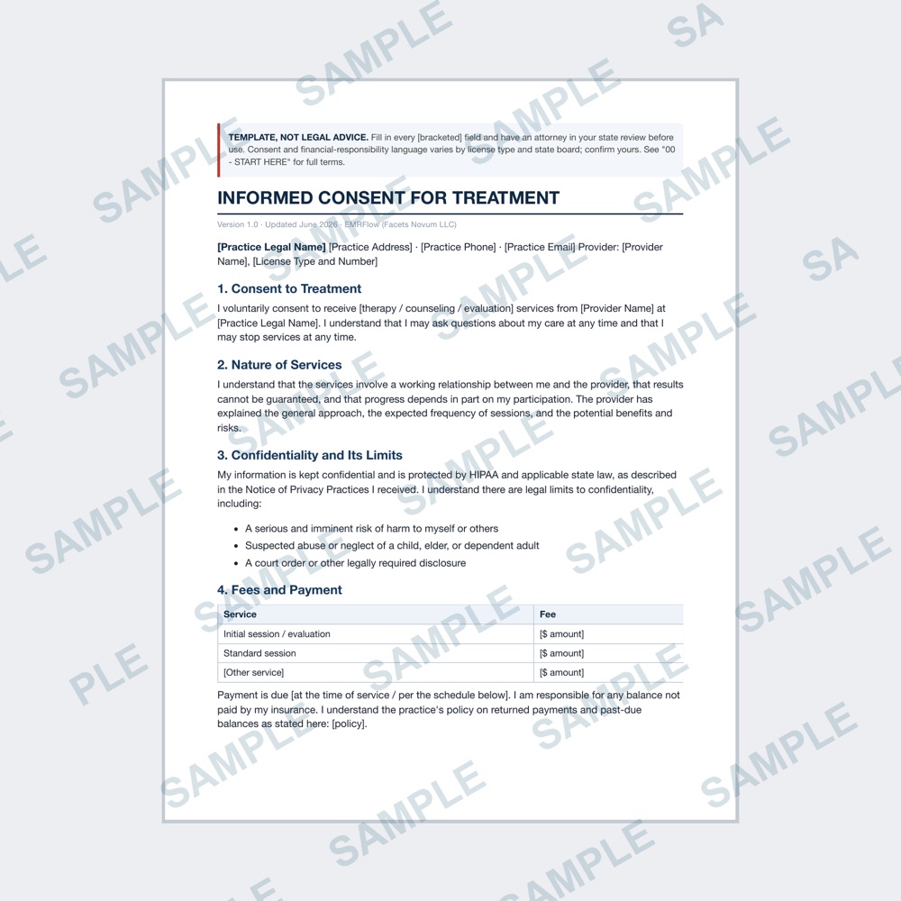 Sample page of the Informed Consent for Treatment template with SAMPLE watermark