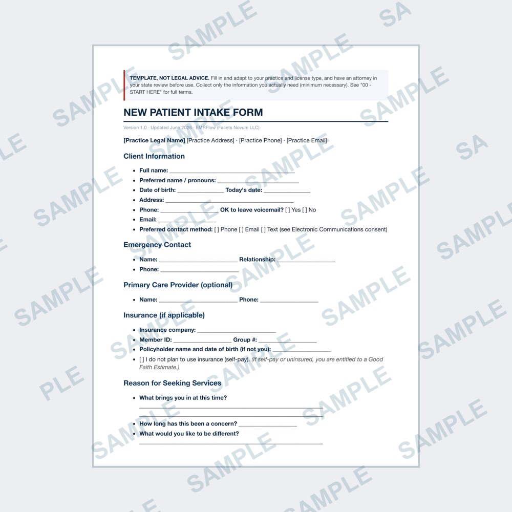 Sample page of the New Patient Intake Form template with SAMPLE watermark