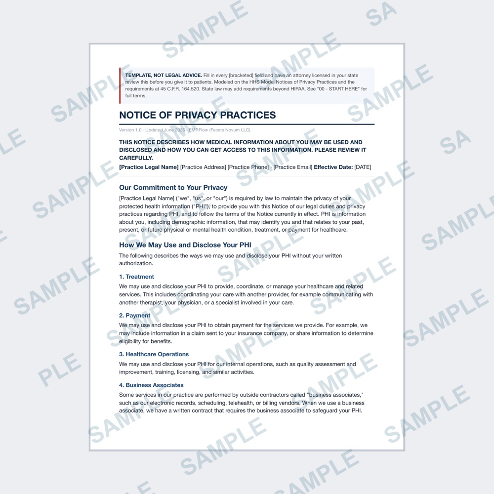Sample page of the Notice of Privacy Practices template with SAMPLE watermark