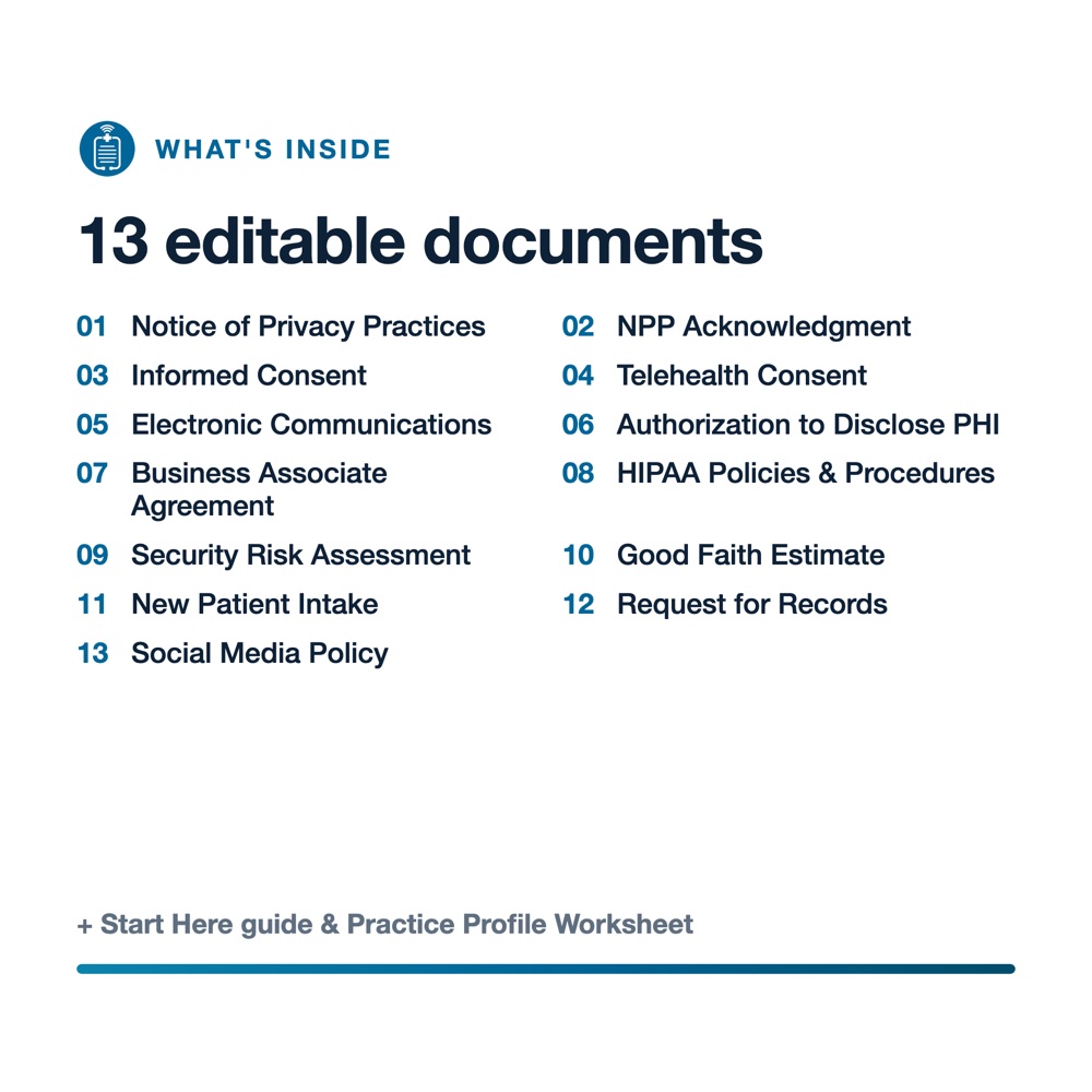 Overview graphic listing all documents included in the HIPAA Starter Kit